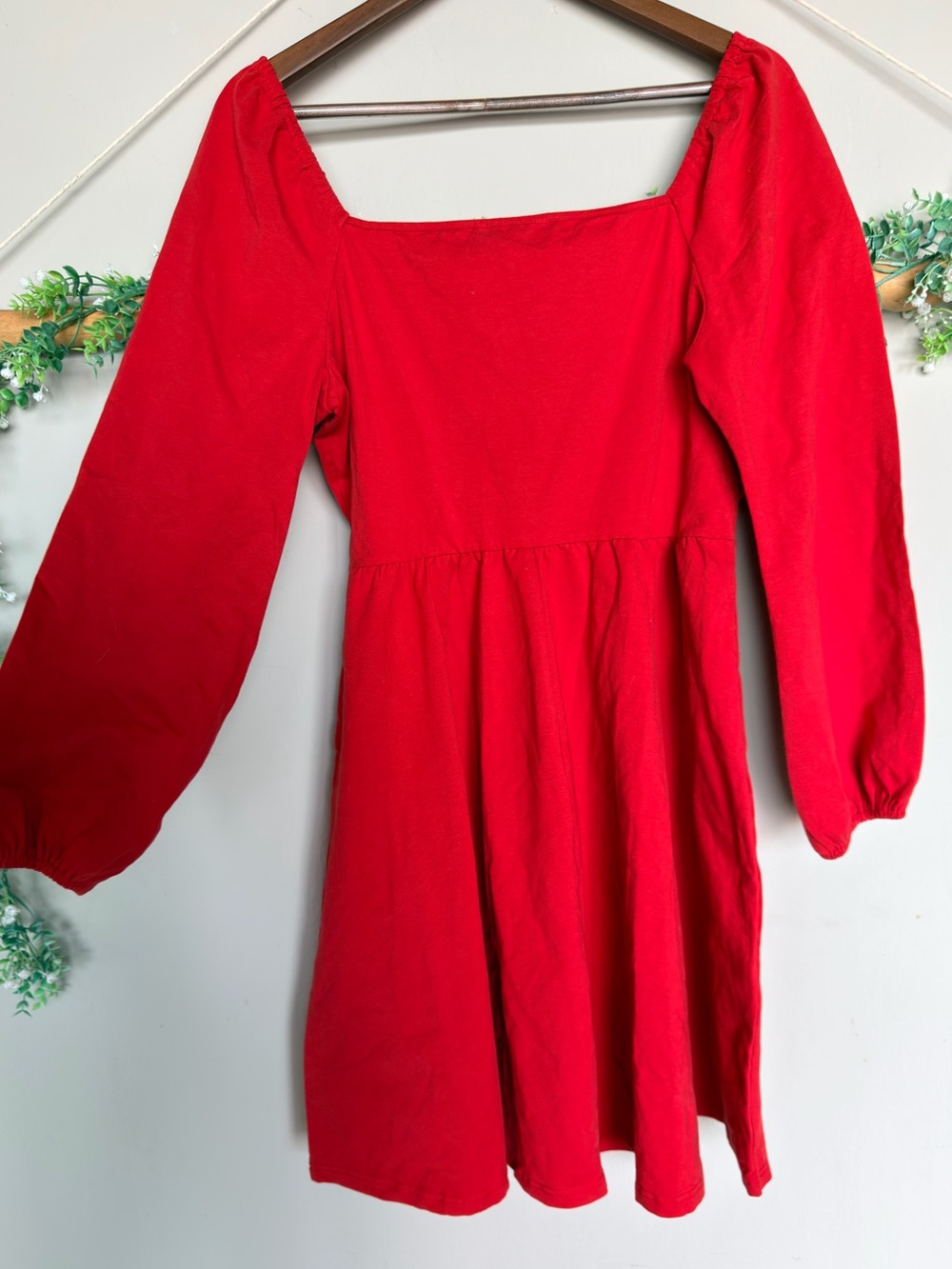 Red Long Sleeve Square Neck COTTON Dress